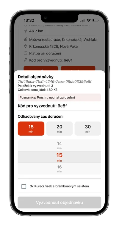Kurýrní aplikace: detail objednávky