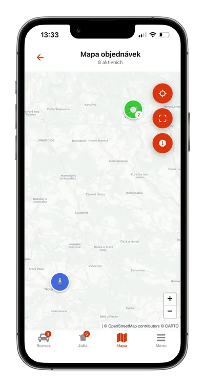 Kurýrní aplikace: mapa rozvozu